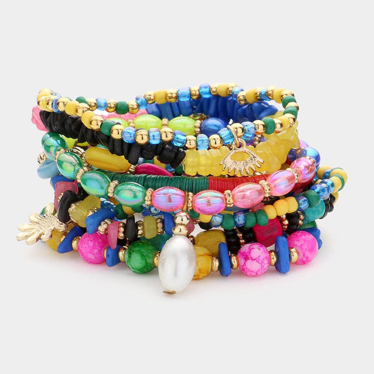 9PCS Metal Flower Shell Pearl Multi Beads Layered Bracelets