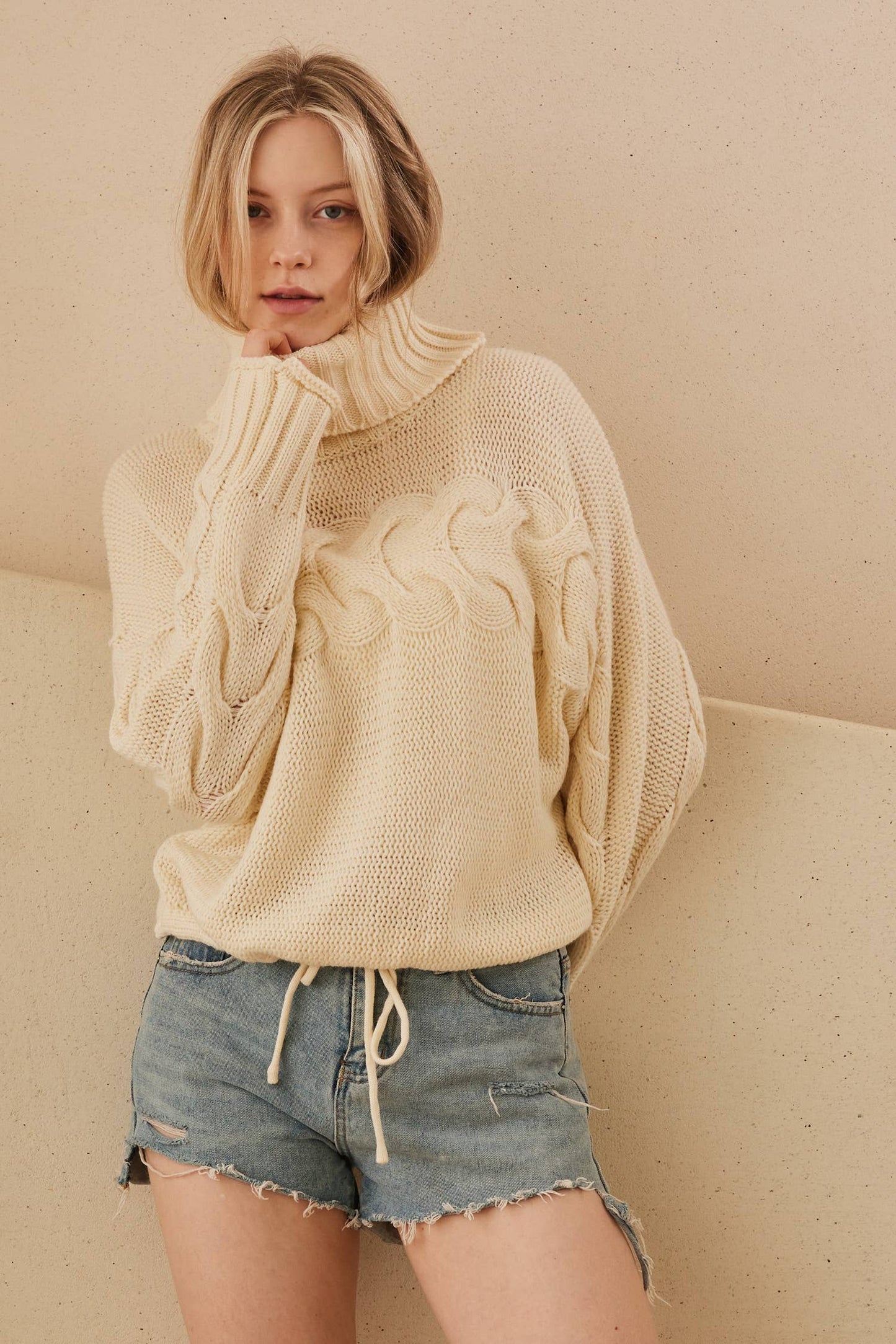 Turtle Neck Cropped Knit Sweater: Ivory / M