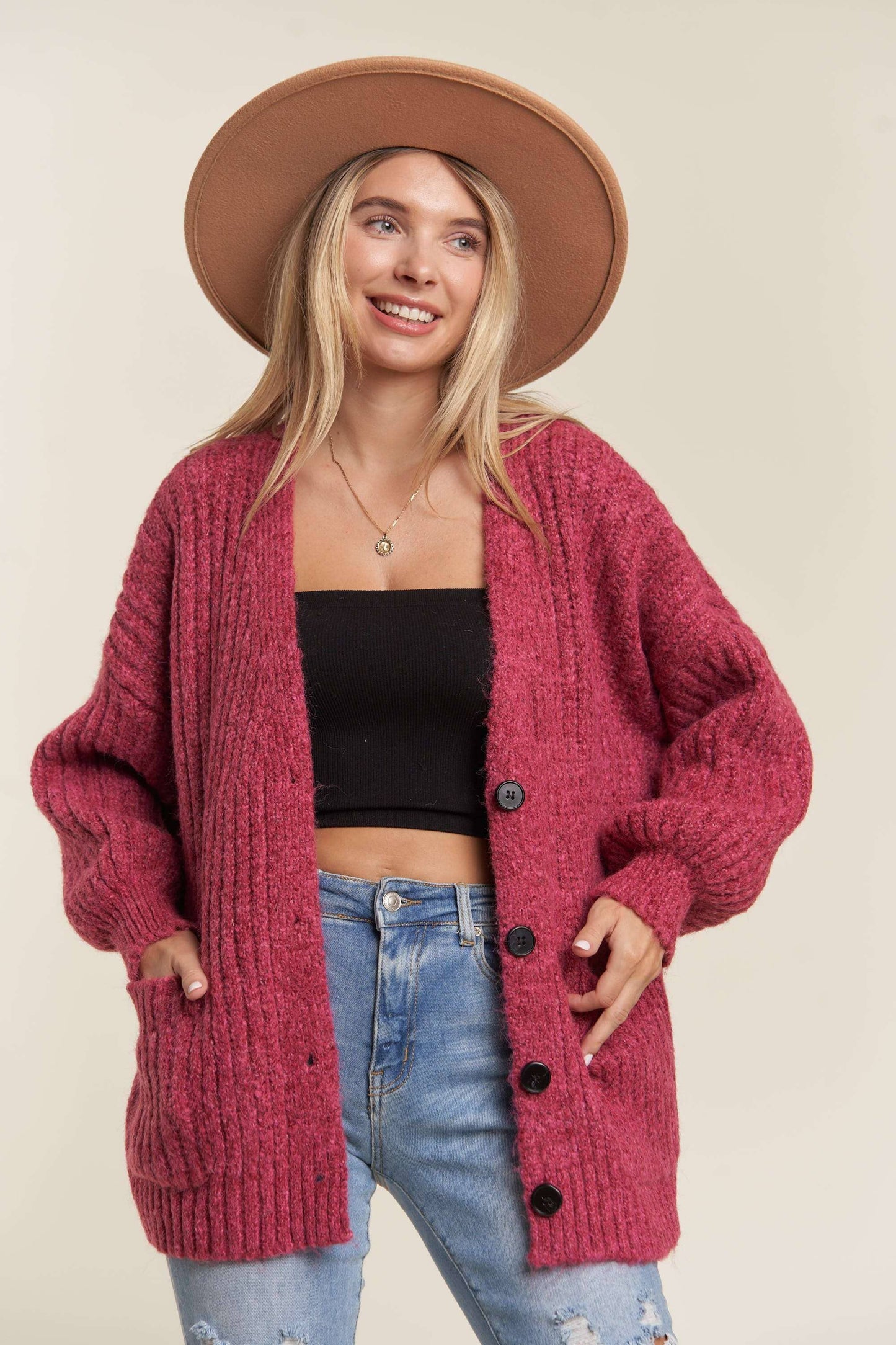 LESW3441A -  BUTTON DOWN COZY SWEATER CARDIGAN: HOT PINK / M/L