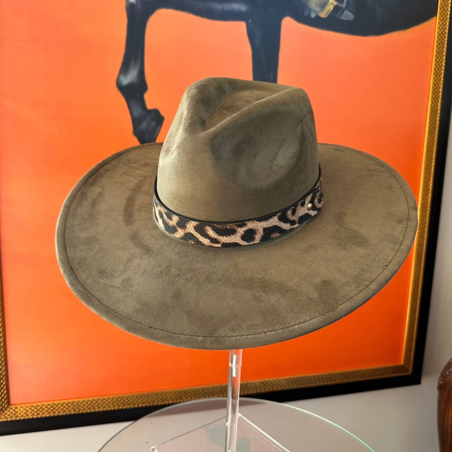 Wide Brim Suede Hat W/ Leopard printed belt: TEAL / ONE SIZE