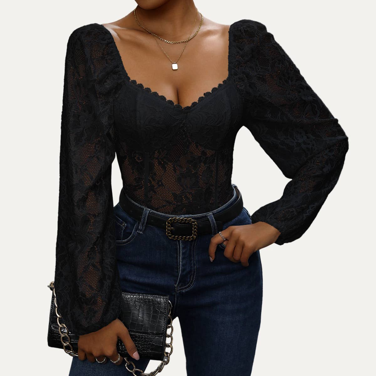 Flirty and Elegant Sheer Lace Long Sleeve Bodysuit: Black