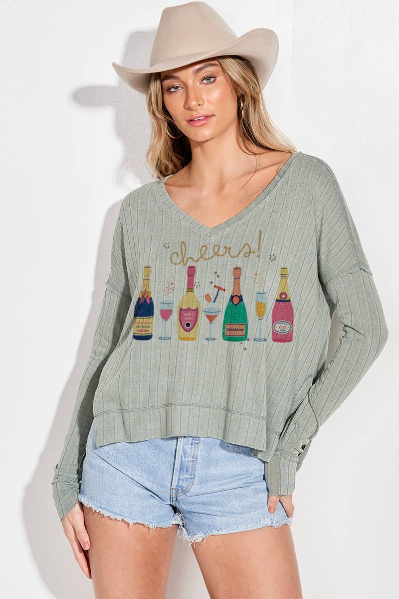 Holiday champagne bottle v neck long sleeve top: Butter / L