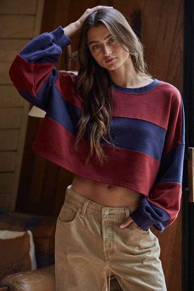 L7467 | Knit Cotton Striped Cropped Pullover Top: Navy Yellow / S