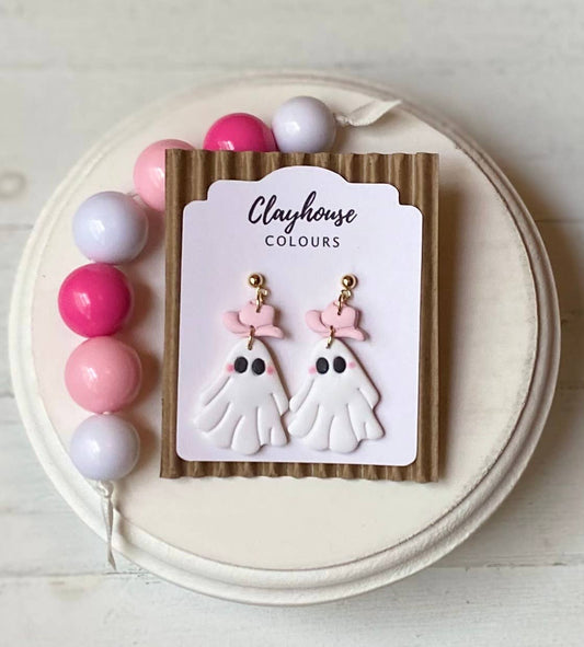 Pink Ghost & Pumpkin Earrings: Gold / Cowboy Pumpkin