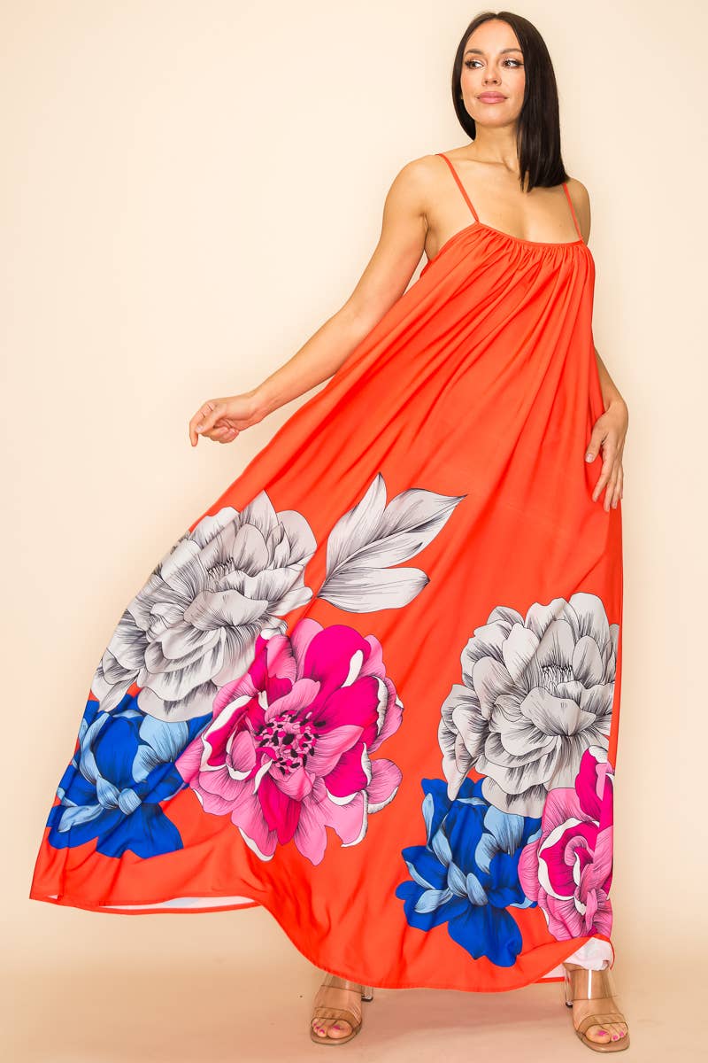 PRINTED MAXI SUN DRESS WITH POCKETS: Orange