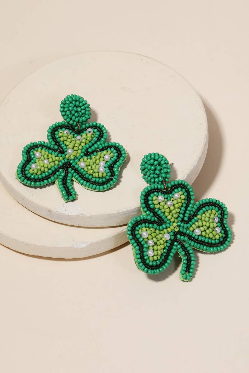 Beaded Shamrock Clover Drop Earrings: GR