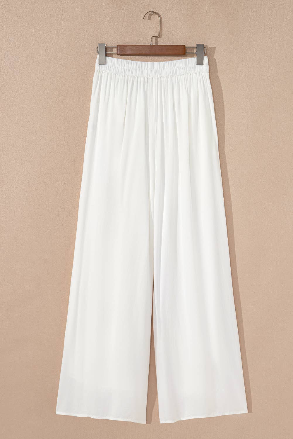 Solid Drop Waist Pleated Wide Leg Casual Pants: White / M