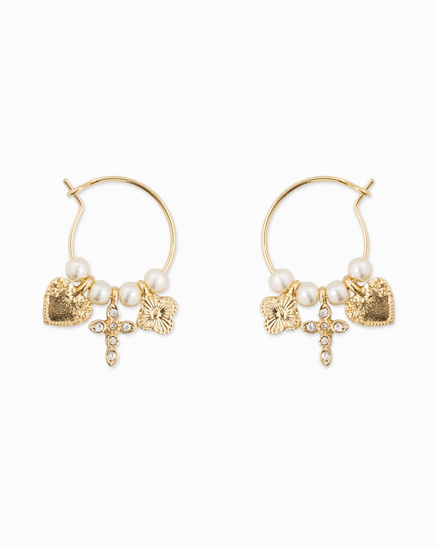 Gothic Cross Pearl Charm Medium Hoop Earrings