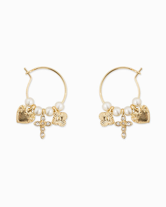 Gothic Cross Pearl Charm Medium Hoop Earrings