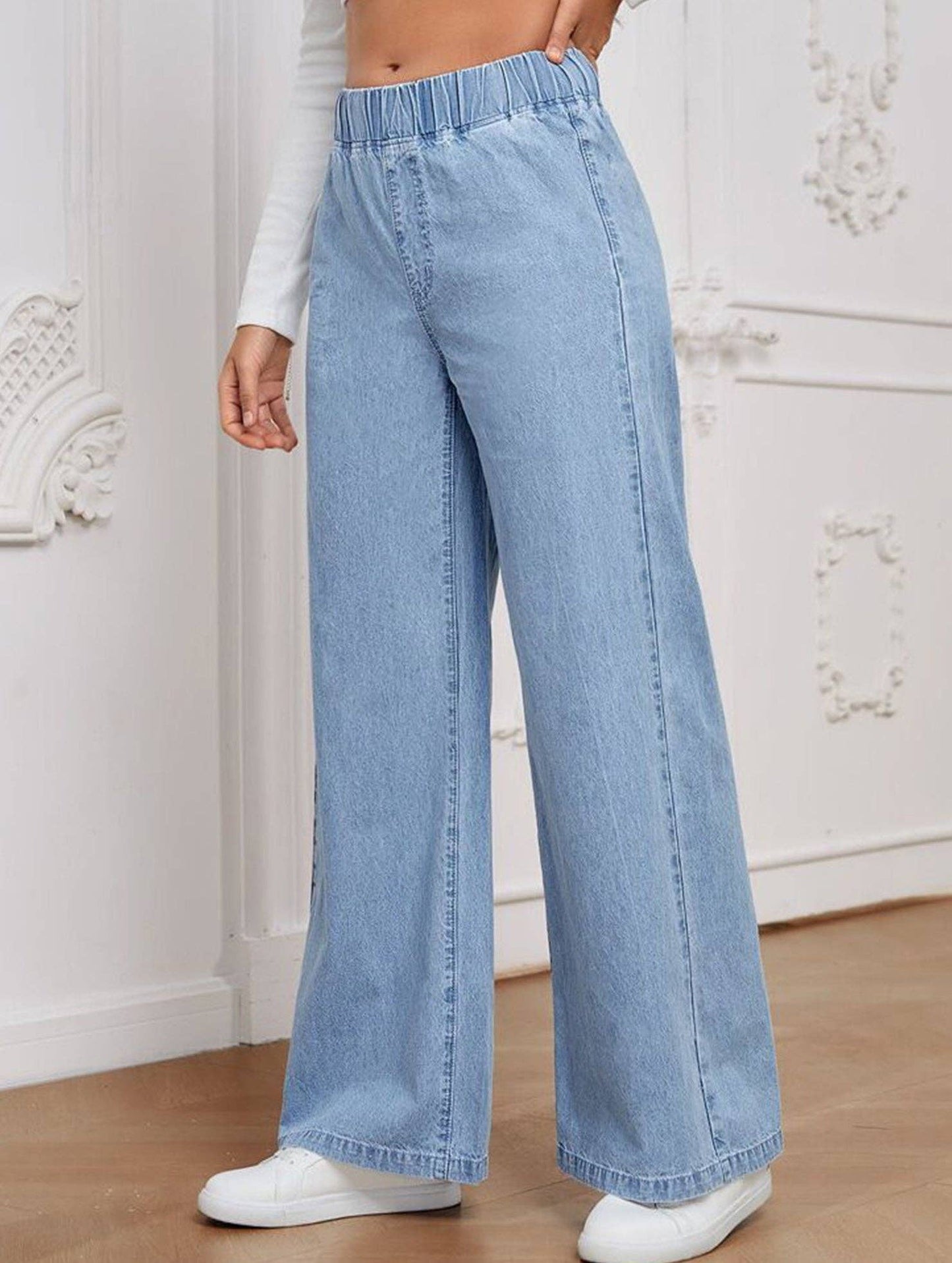 Wide-leg plus-size elastic waist jeans: DARKBLUE / (XL) 1