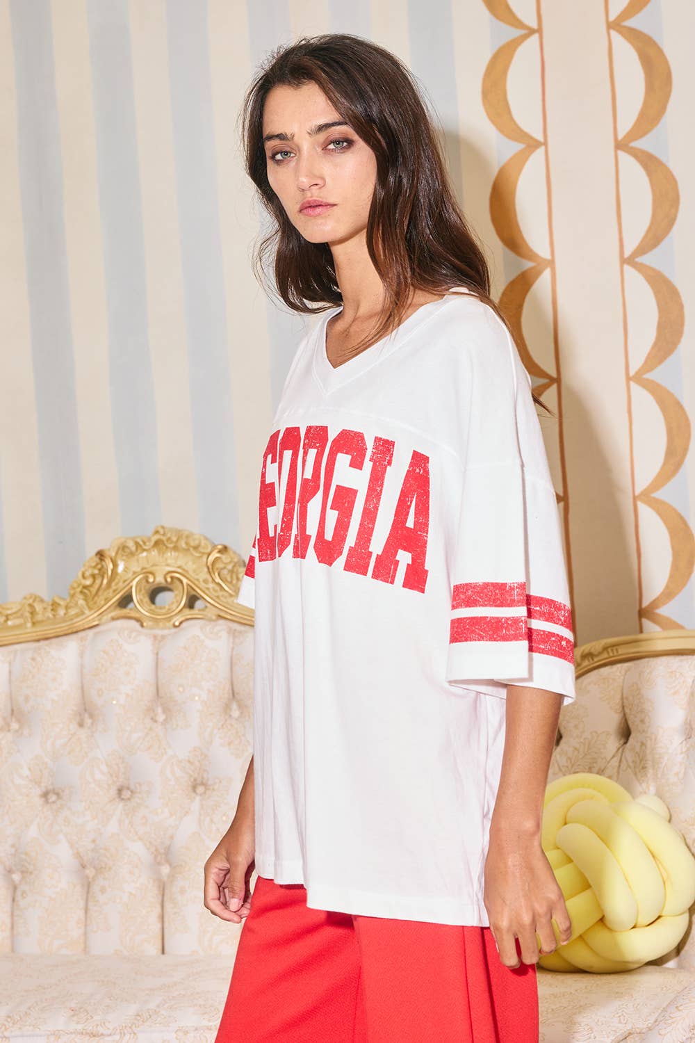 T2618B 'GEORGIA' Print V-neck Football T-shirt Top : Ivory/Red / S-M-L (2-2-2)