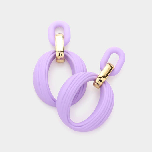 Polymer Clay Geometric Open Oval Link Dangle Earrings: Purple