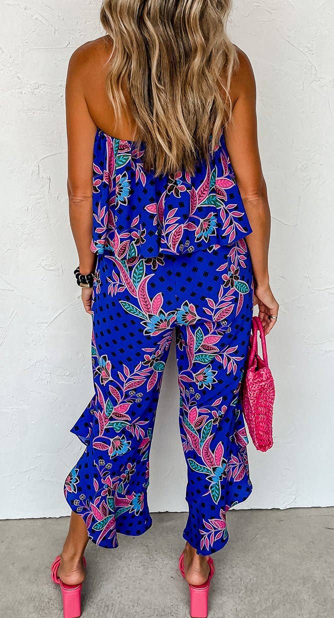 Tropical Print Strapless Ruffled Jumpsuit: Blue / M