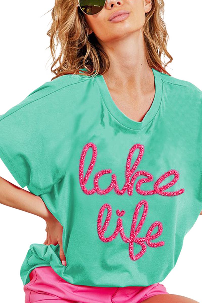 Metallic Letter Short Dolman Sleeve Top: TURQUOISE / 2-2-2-2 (S-M-L-XL)