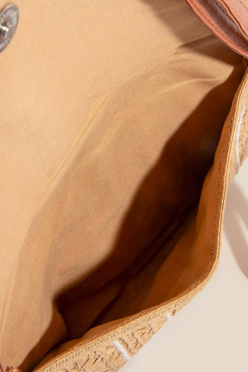 Stitched Straw Envelope Crossbody Bag: OV