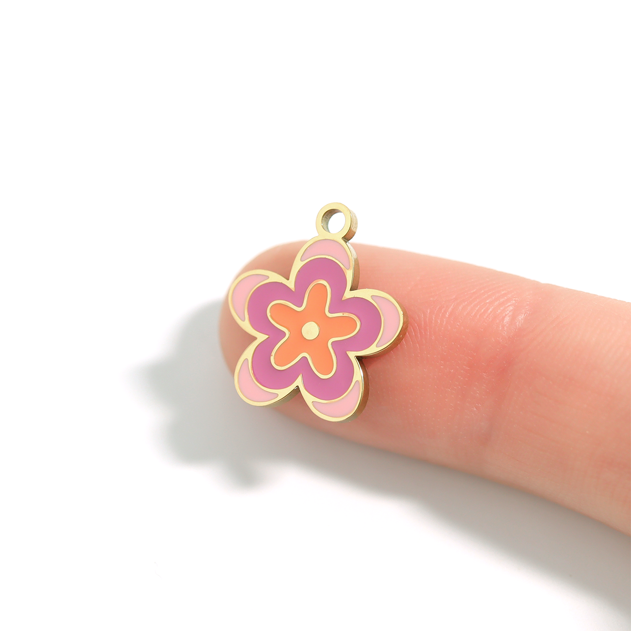Stainless Steel Epoxy Pink Flower Charm: Gold