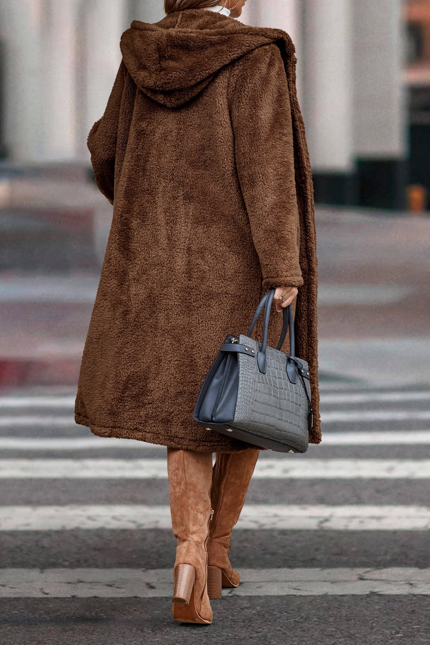 SZ1-JK7099 Long Teddy Bear Hooded Coat: Camel / M