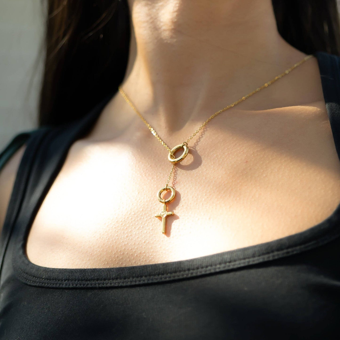 18K Gold PVD Stainless Steel Heart in Cross Charm: Gold