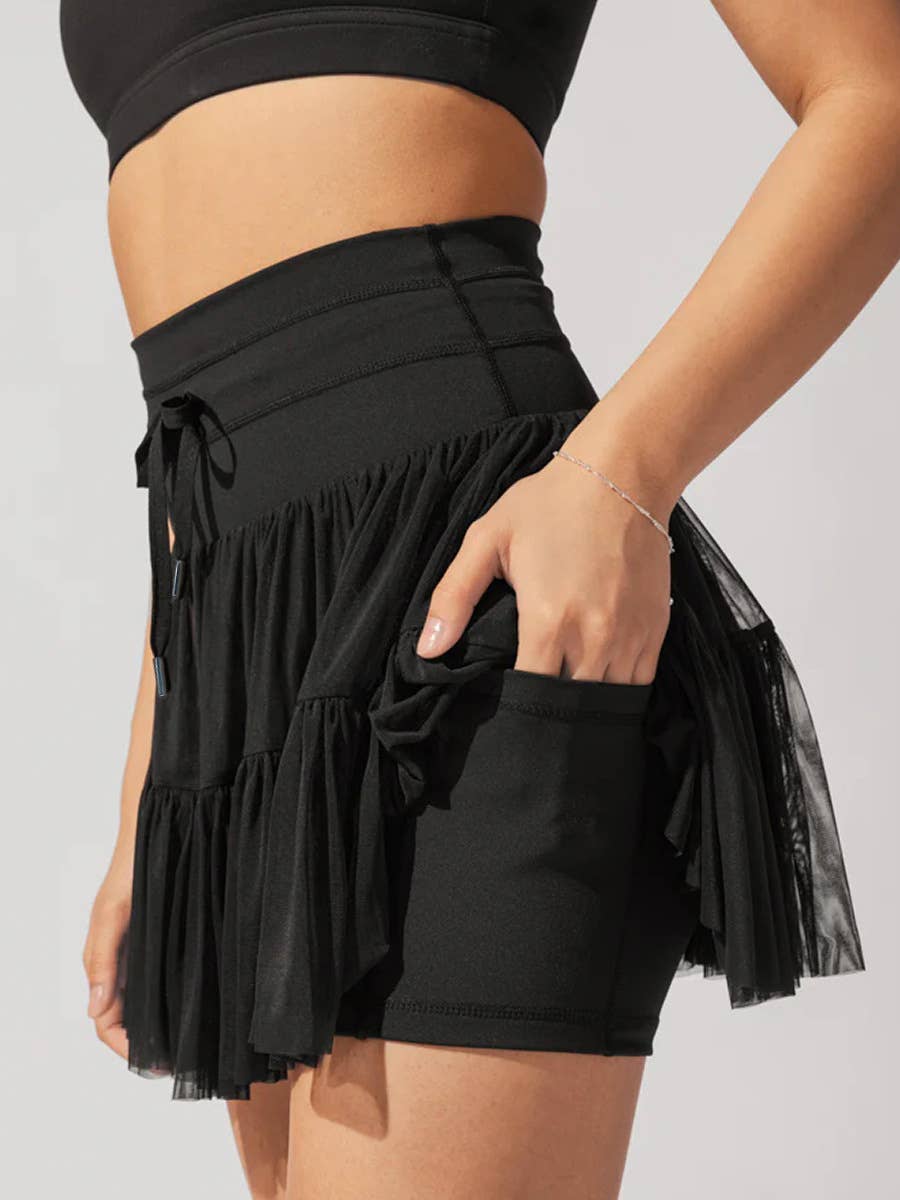 High-Waisted Lace-Up Panelled Pleated Skirt: Apricot / M