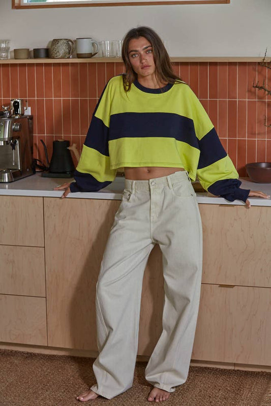 L7467 | Knit Cotton Striped Cropped Pullover Top: Navy Yellow / M