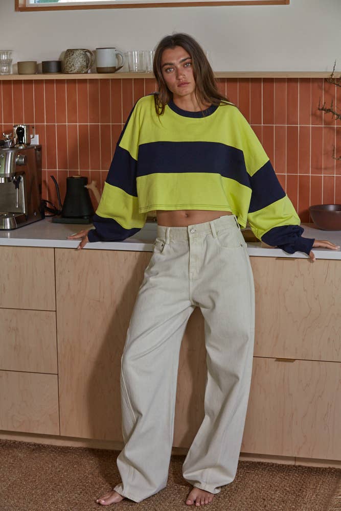 L7467 | Knit Cotton Striped Cropped Pullover Top: Navy Yellow / L