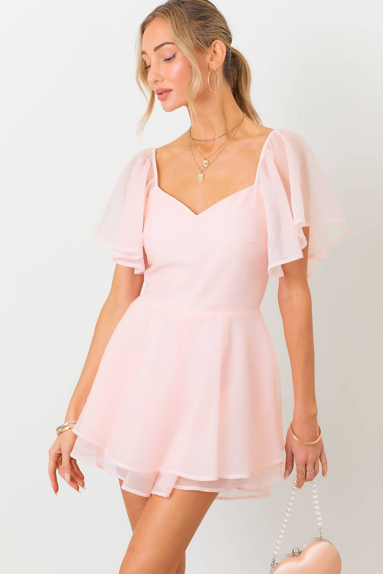 Bubble Short Sleeves Romper: BLUSH / M