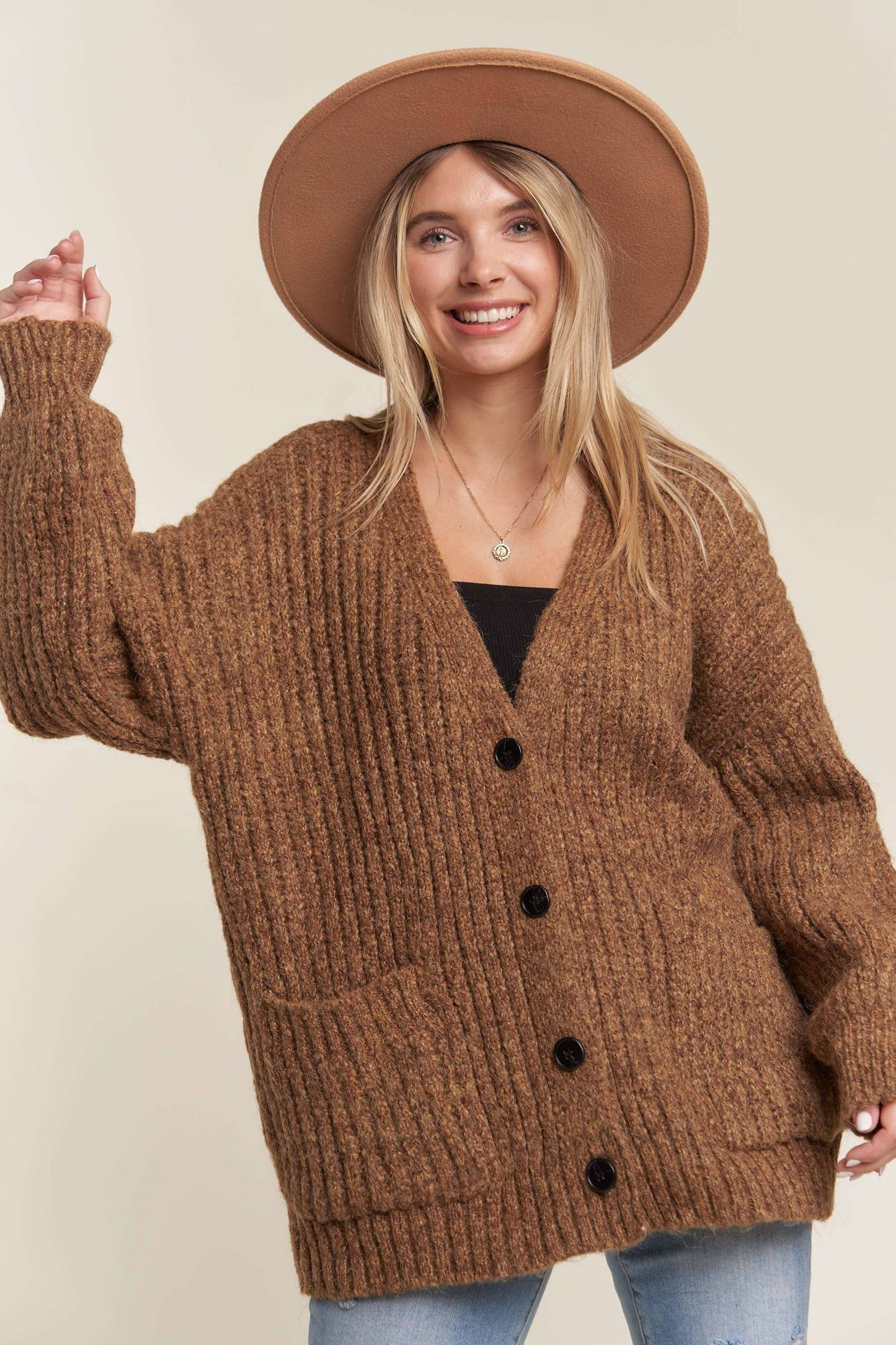 LESW3441A -  BUTTON DOWN COZY SWEATER CARDIGAN: HOT PINK / M/L