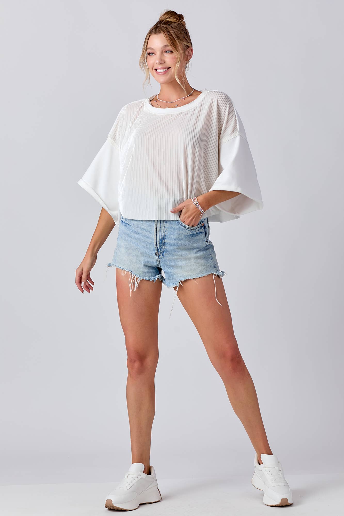 Mixed Fabric Round Neck Knit Top: PINK / L