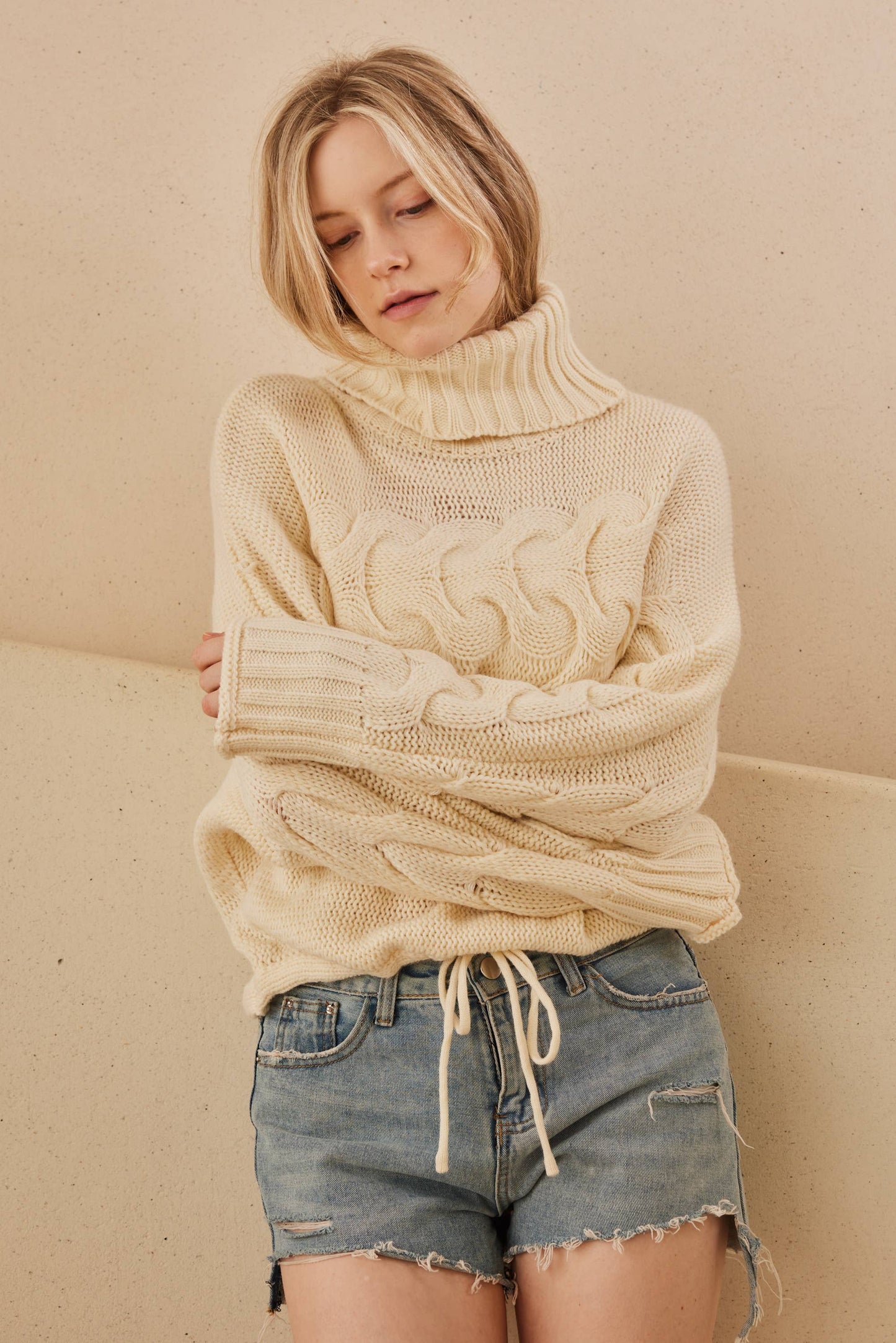 Turtle Neck Cropped Knit Sweater: Ivory / M