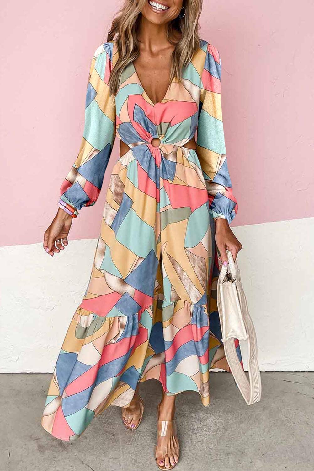 Abstract Print O-ring Cut out Long Sleeve Maxi Dress: MULTI / XL