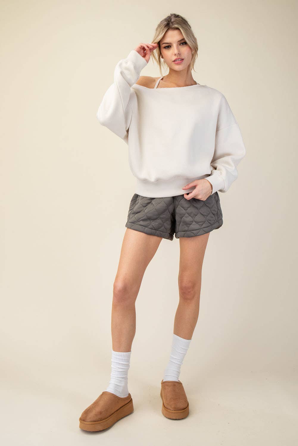FRENCH TERRY FLEECE OFF SHOULDER SWEATSHIRT: Eucalyptus / S-M-L(2-2-2)