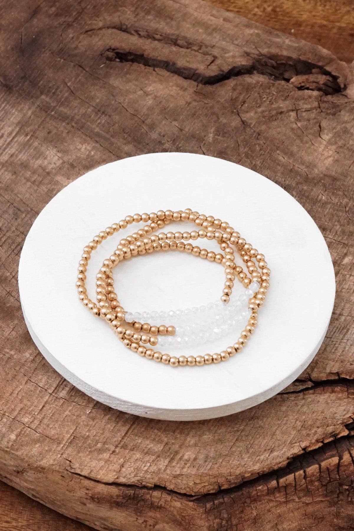 Bracelet stack Small Worn Gold Glass beads Pink Mint Denim: White