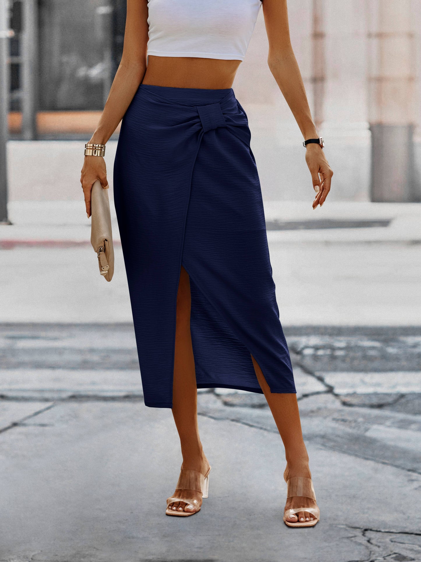 SZ1-SK6025 Front Knot Asymmetrical Tulip Skirt: Clay / M