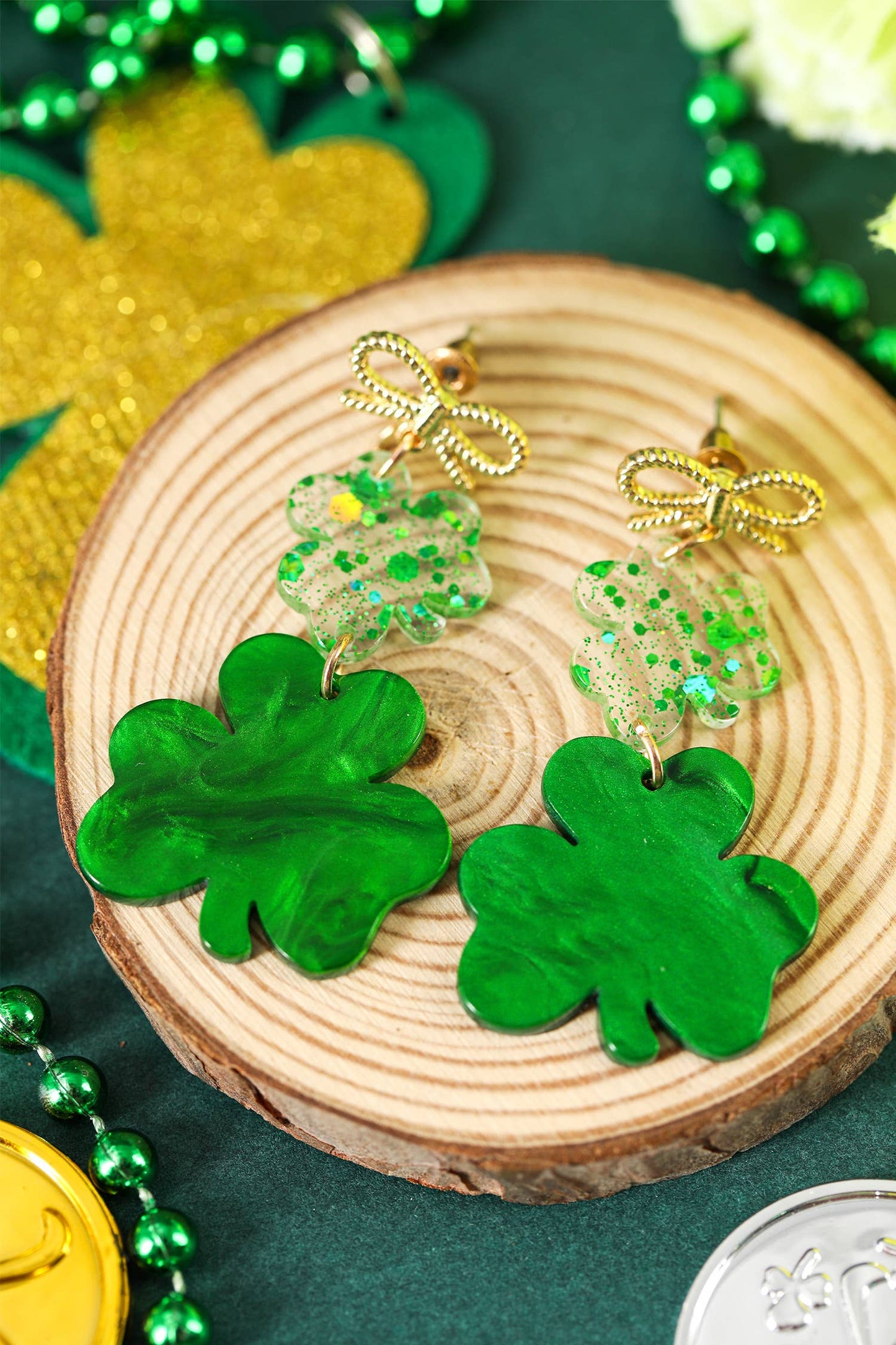 Clover Glitter Bow Drop Earrings Fashion Jewelry: Green / ONE SIZE