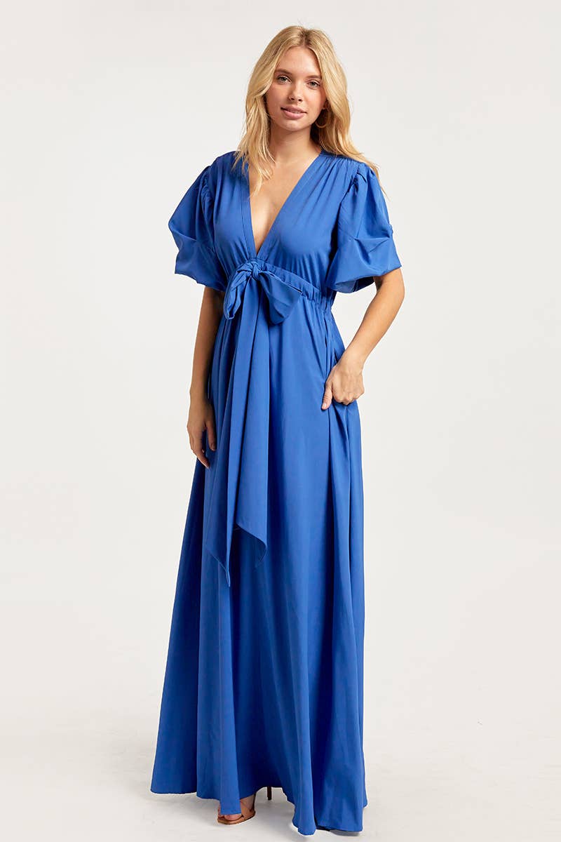 V NECK MAXI DRESS WITH PUFF SLEEVES: Green