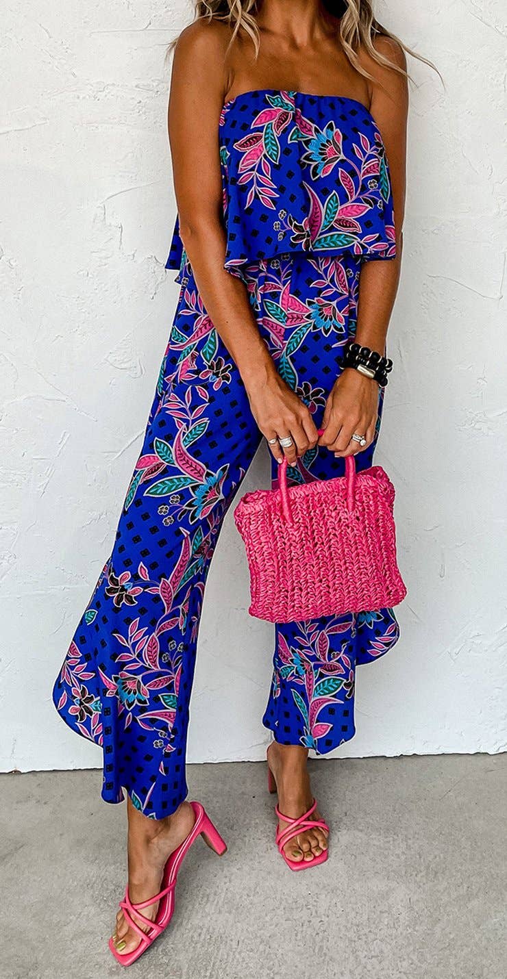 Tropical Print Strapless Ruffled Jumpsuit: Blue / L