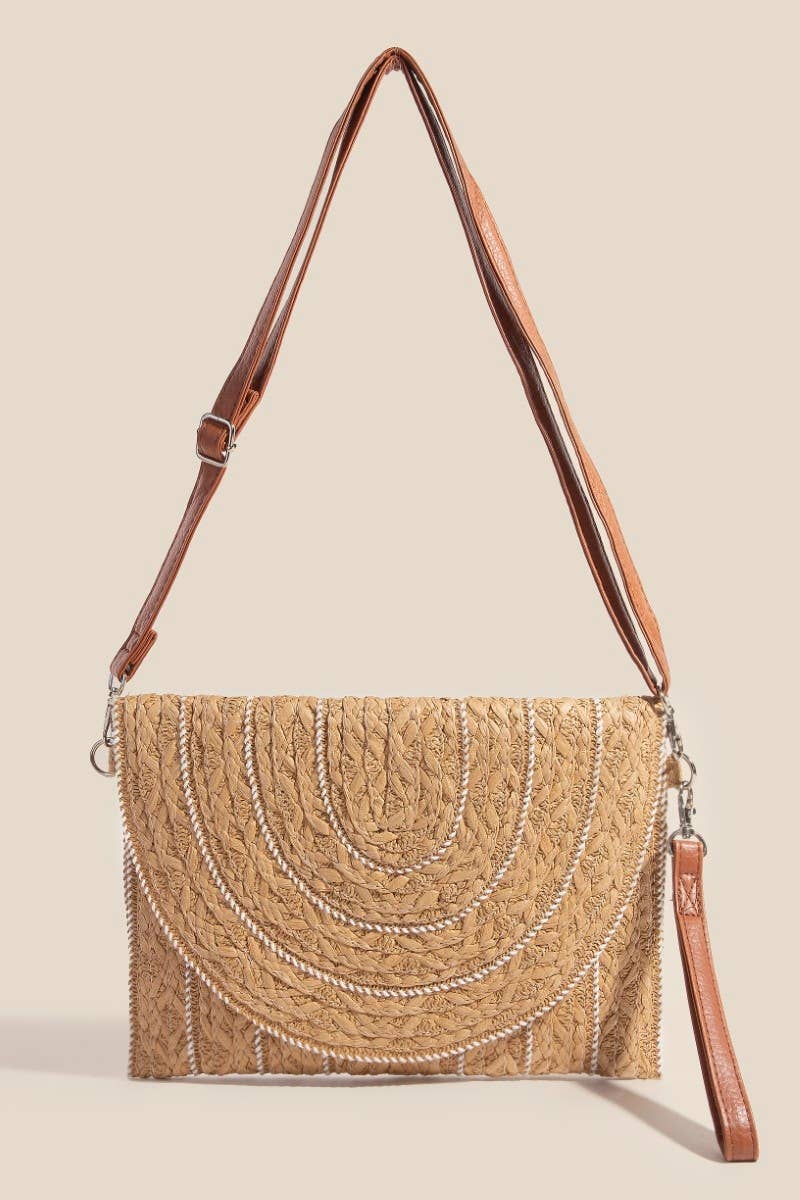 Stitched Straw Envelope Crossbody Bag: OV