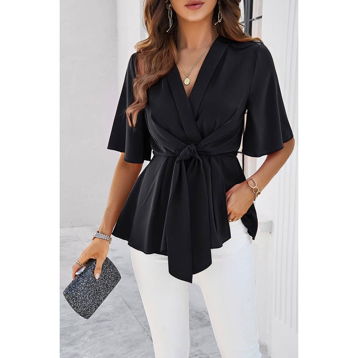 Wide Sleeve Deep V Knot Cross Ruffle Fit Blouse: WHITE / L
