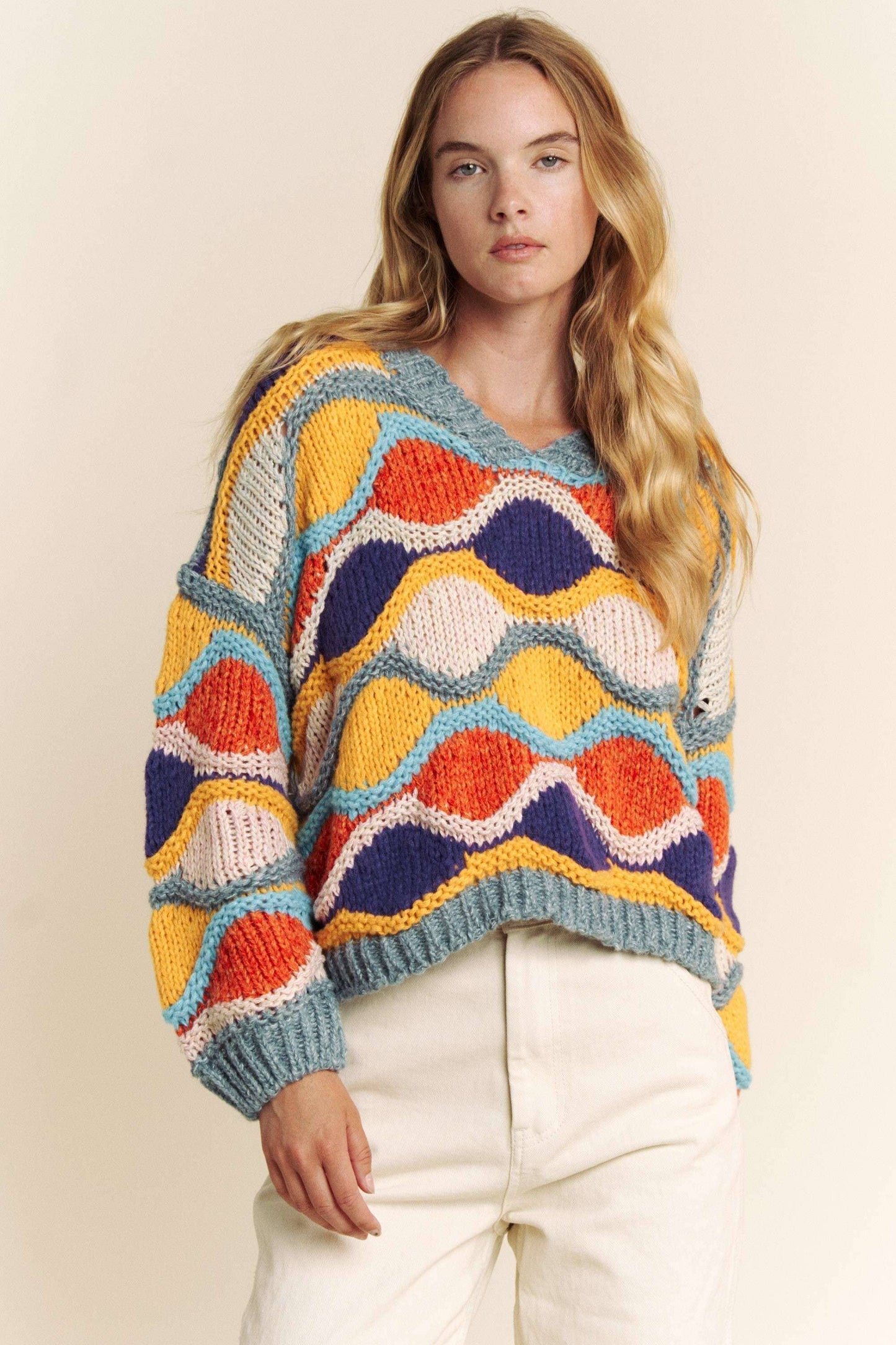 V NECK LONG SLEEVE MULTI COLOR SWEATER TOP: MULTI / S