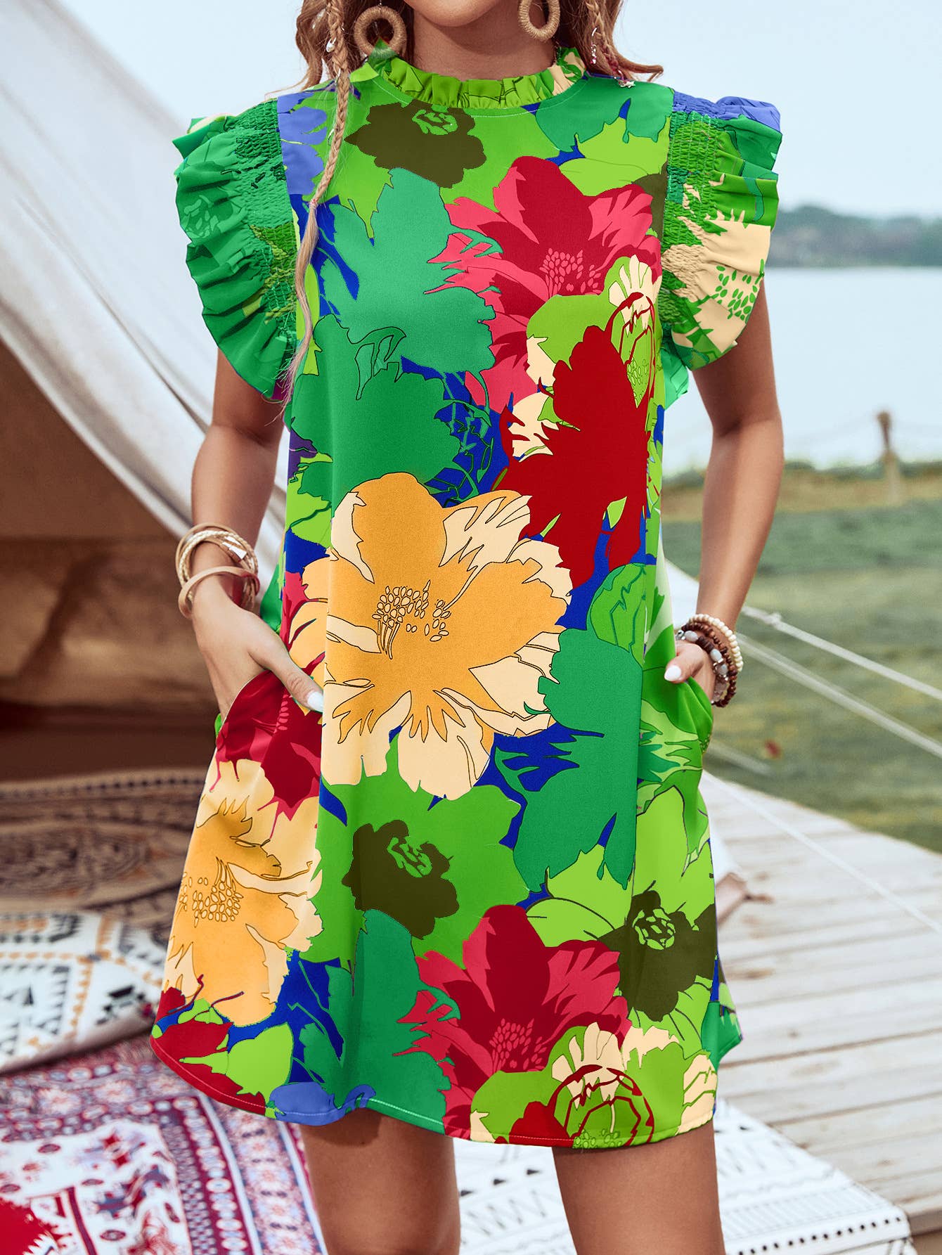 Colorful Floral Print Ruffled Sleeve Mini Dress: Blue / L