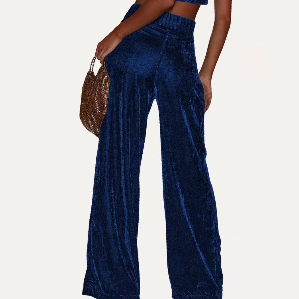 Chic Solid Velvet High-Rise Wide Leg Trouser Pants: Red / XL