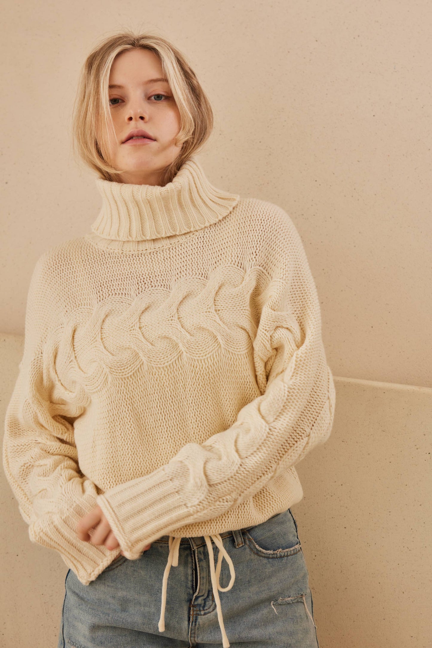 Turtle Neck Cropped Knit Sweater: Ivory / S