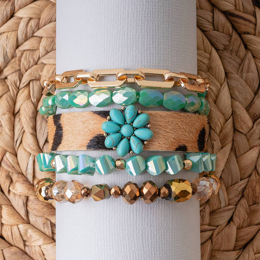 Leopard and Crystal Stacked Bracelets: Turquoise