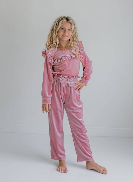 Girls Pink Velvet Ruffle Bow Fall Winter Fancy Pant Set: 7/8