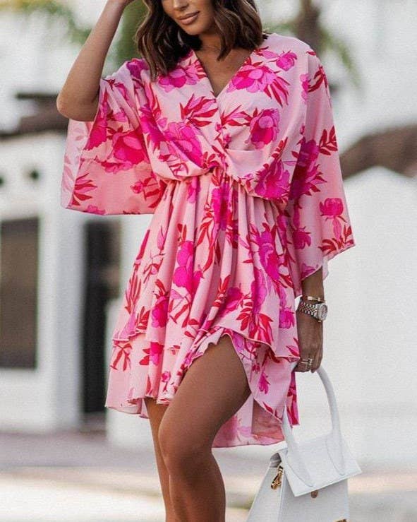 V-Neck Print Waist Cinched Dolman Sleeve Dress: Orange / S