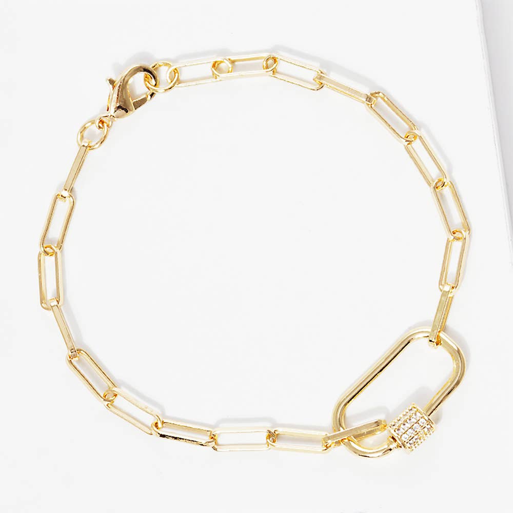Gold Dipped CZ Carabiner Pointed Paperclip Chain Bracelet: Silver