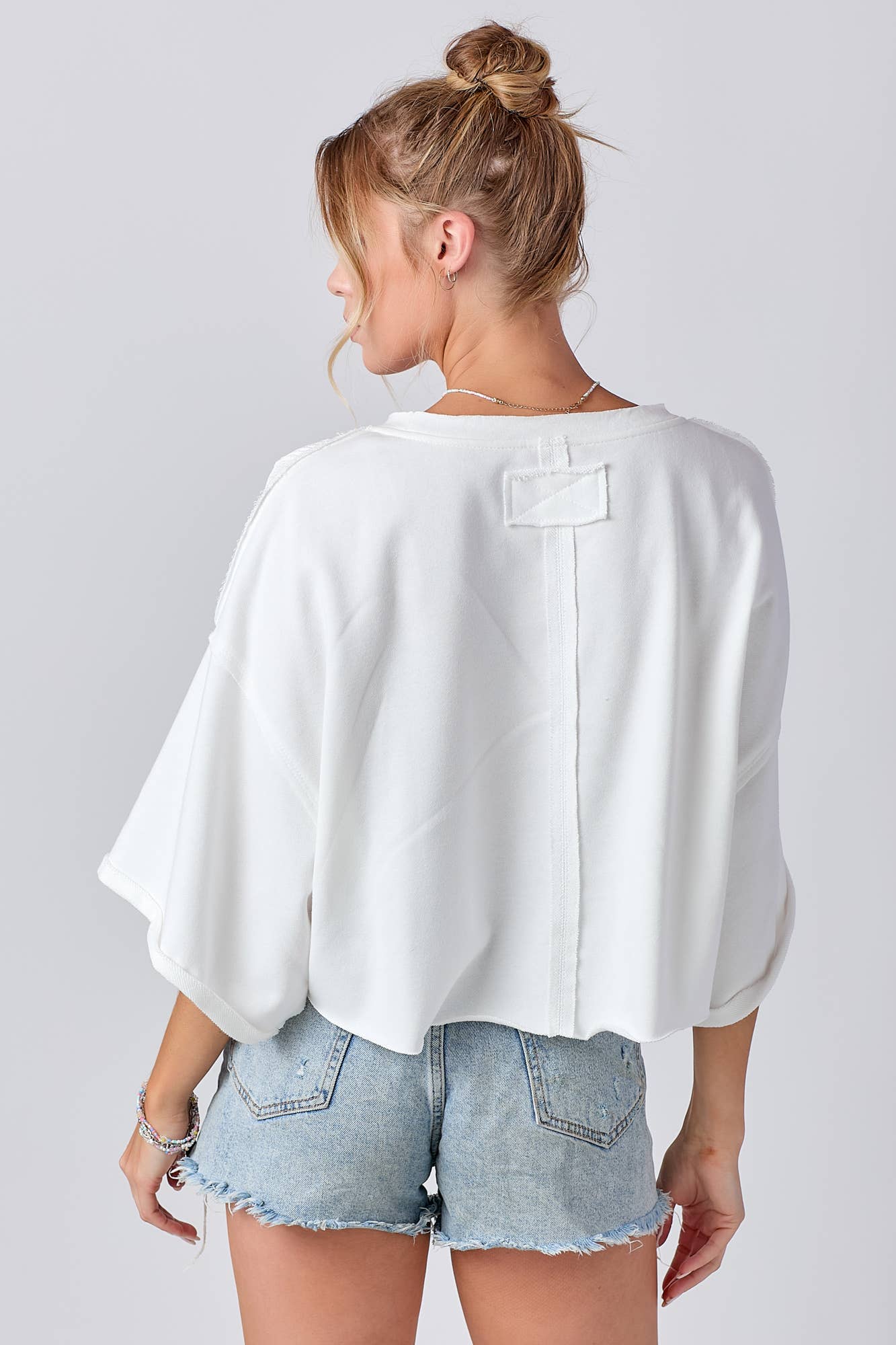 Mixed Fabric Round Neck Knit Top: PINK / M
