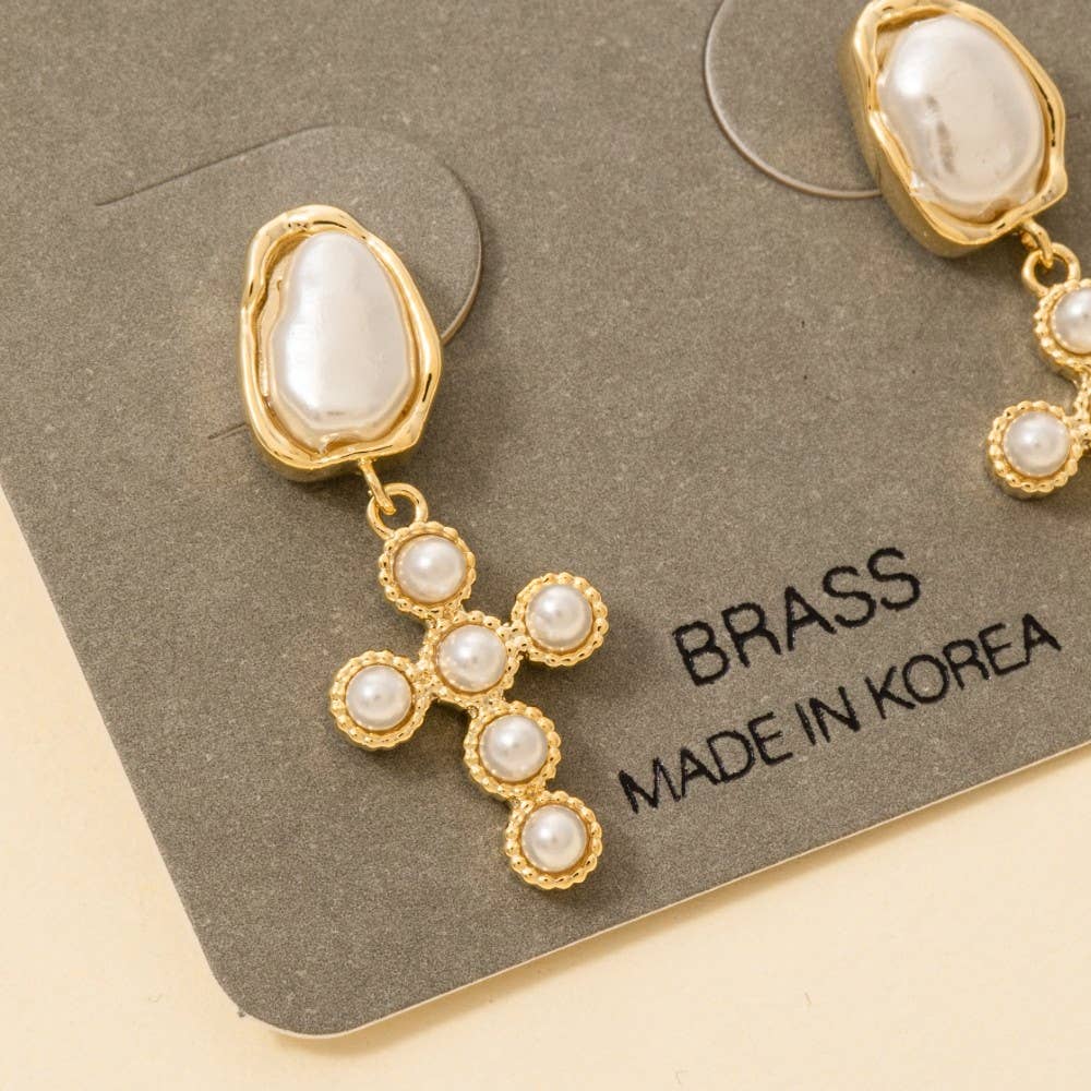 Pearl Studded Cross Dangle Earrings: GDCRM
