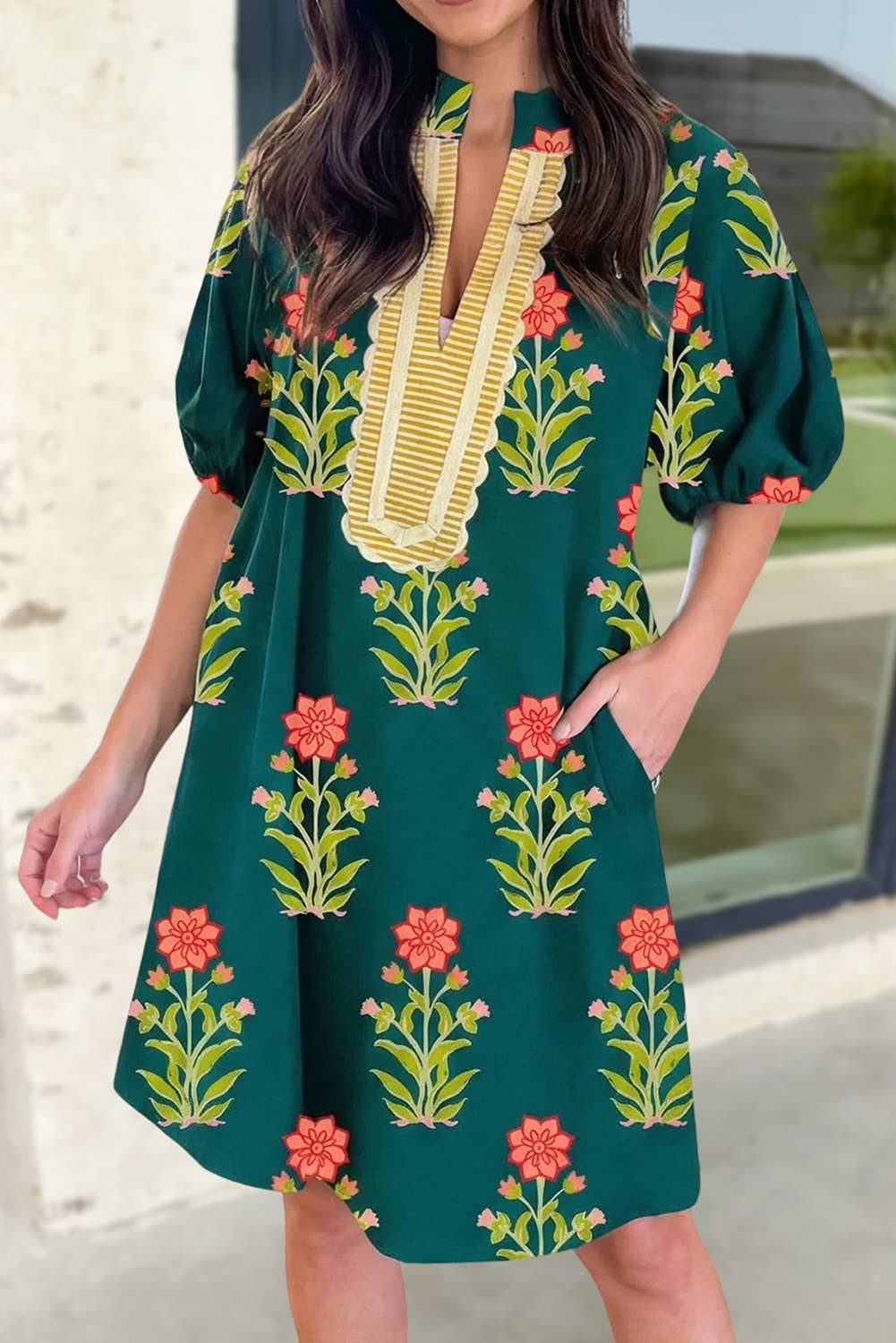 Floral Striped Contrast Trim Short Sleeve Dress | S-XL : Green / L