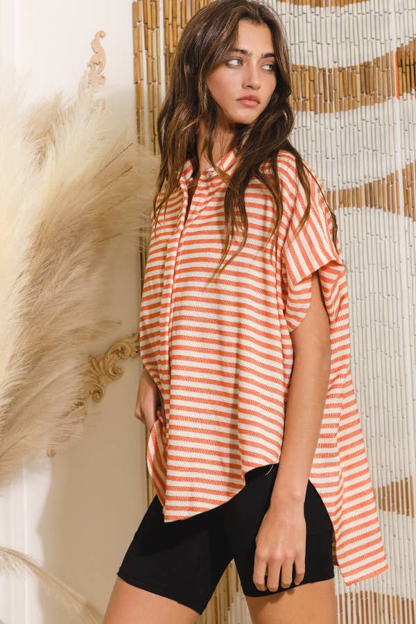 T1702-1C  Short Dolman Sleeve Oversized Stripe Shirt Top: Coral / S-M-L (2-2-2)